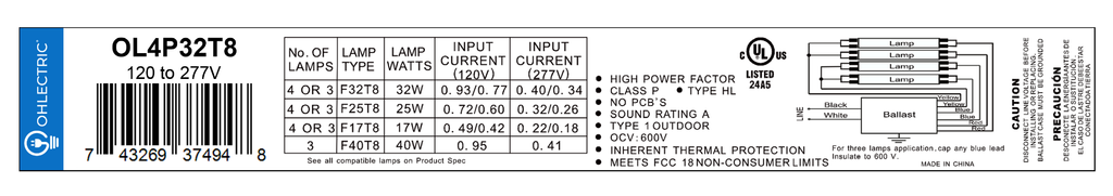 T8 Fluorescent Ballast – 2-Lamp / 3-Lamp / 4-Lamp (120–277V)
